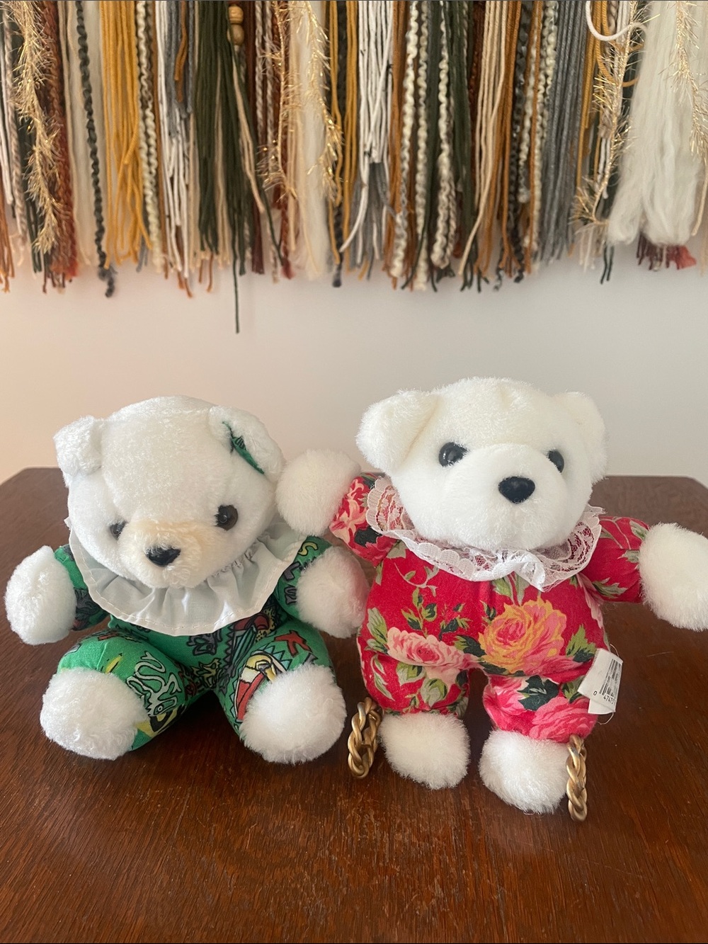 Pair of White Teddy Bears with Floral Outfits